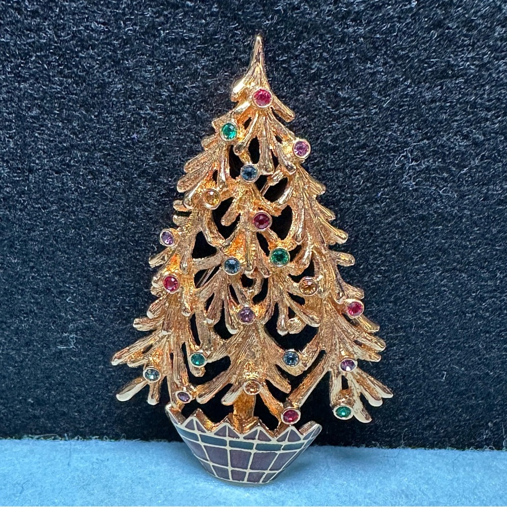 Swarovski Vintage Christmas Tree Pin | Brooch Gold Tone W/ Multi-color Crystals